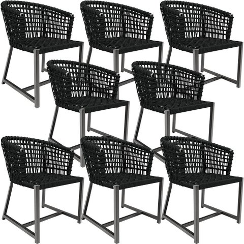 Kit 08 Cadeiras Decorativas Para Área Gourmet Cozinha Corda Náutica Belize D04 Preto - Lyam Decor