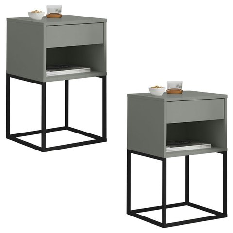Kit 02 Mesas de Cabeceira Industrial Pé de Aço 1 Gaveta 1 Nicho - Cinza/Pé Preto - Lh Móveis