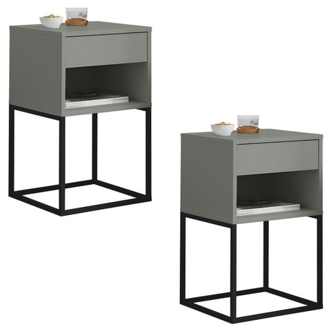 Kit 02 Mesas de Cabeceira Industrial Pé de Aço 1 Gaveta 1 Nicho - Cinza/pé Preto - Lh Móveis