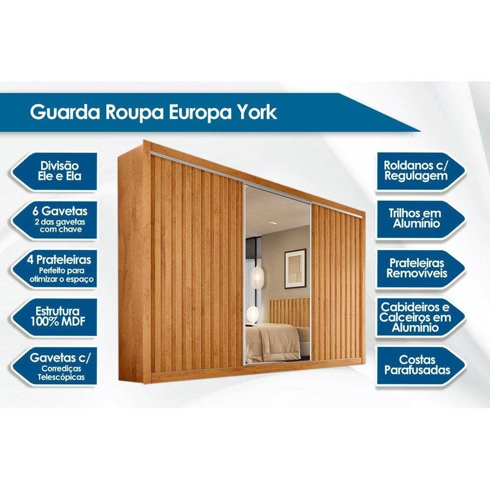 Guarda Roupa Casal York C/6 Gavetas e 3 Portas de Correr Ripada Peroba - Europa - 2