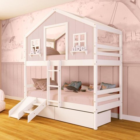 Beliche Casinha Dos Sonhos com 02 Gavetas Kit Escada/ Escorregador Madeira Maciça Rosa/ Branco