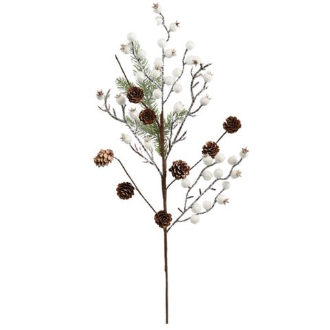 Galho Decor Natal Folhagens Berries Branco e Pinhas Rústico 62cm - Magizi
