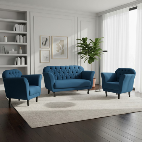 Kit Namoradeira + 2 Poltronas Decorativa Dália Bouclé Azul Marinho