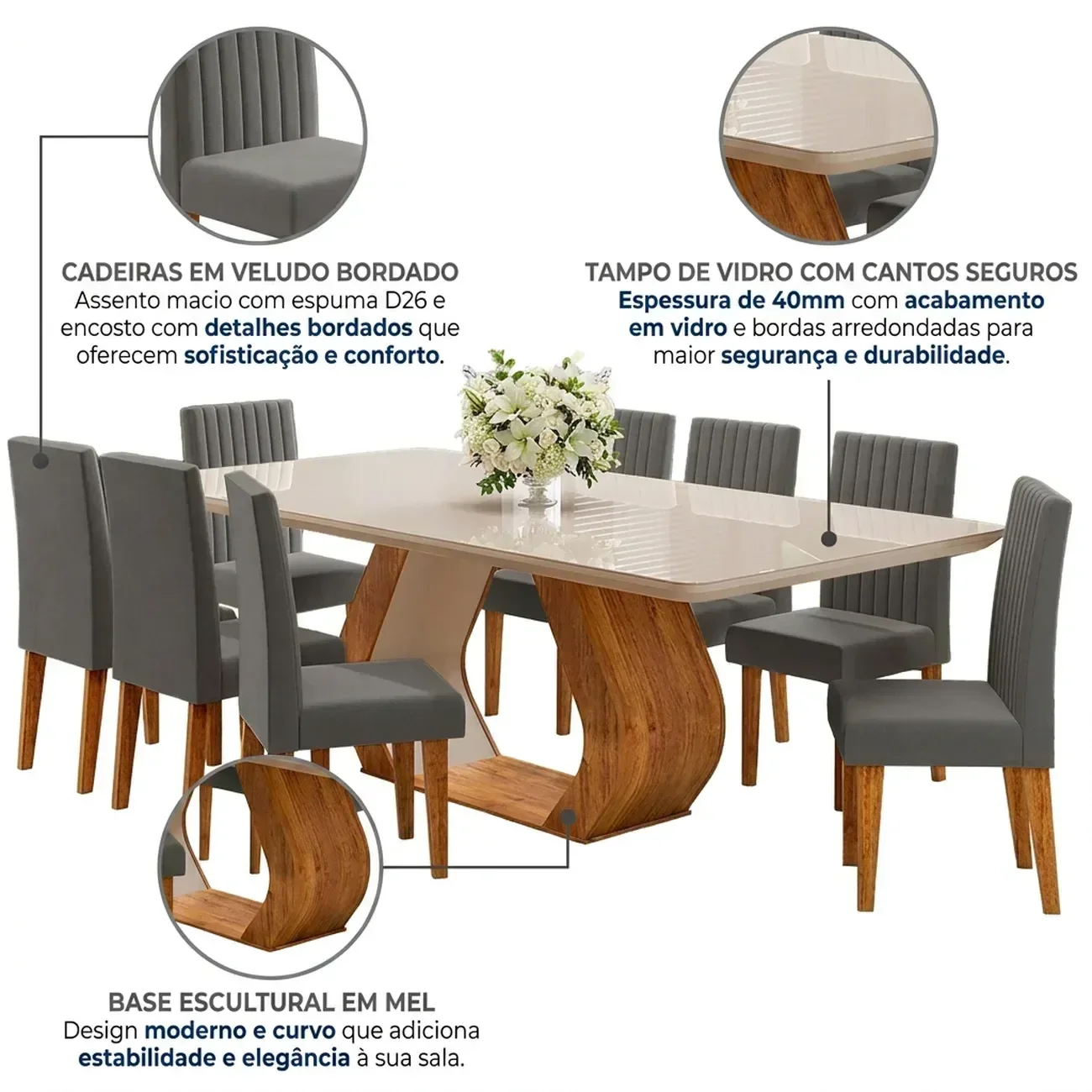 Ver imagem 6 de Conjunto de Sala de Jantar 8 Lugares Retangular Tampo em Vidro e MDF Renova Yescasa Cinza/Mel/Off White