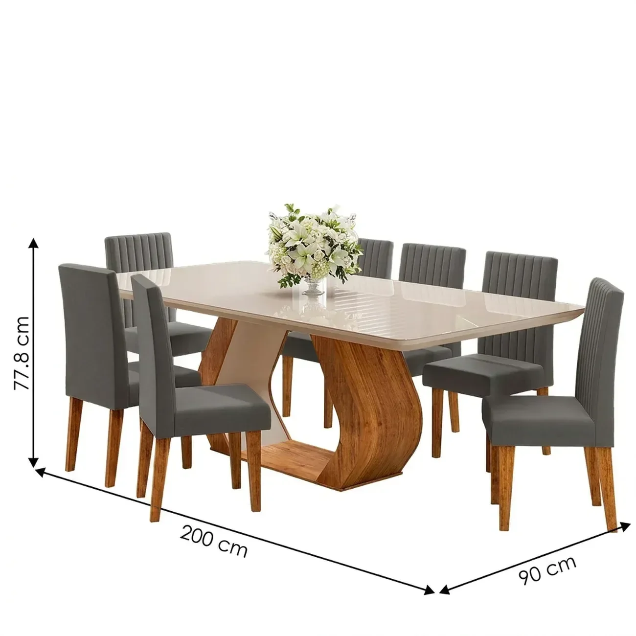 Ver imagem 3 de Conjunto de Sala de Jantar 8 Lugares Retangular Tampo em Vidro e MDF Renova Yescasa Cinza/Mel/Off White