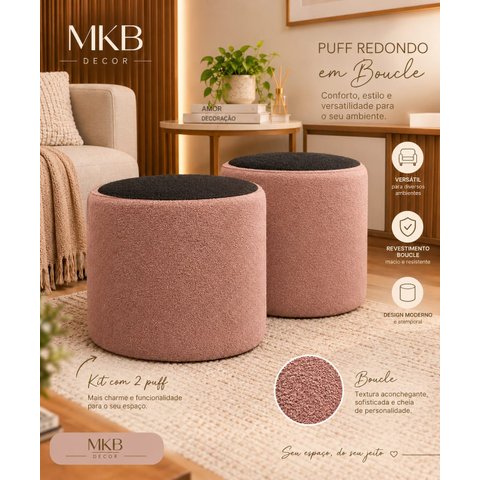 Kit com 2 Mini Puff Redondo em Tecido Boucle Rosa com Preto