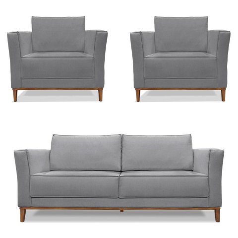 Kit 2 Poltronas e Sofá Living 2 Lugares 1,70m Vega Linho Pés Castanho - Pallazio Cor:Grafite
