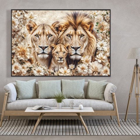 Quadro Decorativo Florido Família Leão e Leoa com Filhote Sala Quarto Casa Escritório 120x180