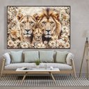 Ver imagem 1 de Quadro Decorativo Florido Família Leão e Leoa com Filhote Sala Quarto Casa Escritório 120x180