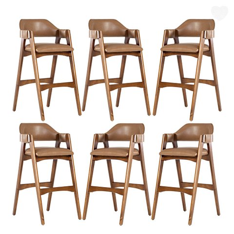 Kit 6 Banquetas com Braço Estofado Lua Madeira Imbuia Impermeável Caramelo L85 Rmi