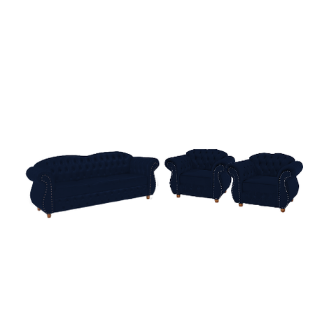 Um Sofá 3 Lugares + Duas Poltronas Chesterfield Merlo- Suede Azul Marinho / decoração, sala, rece