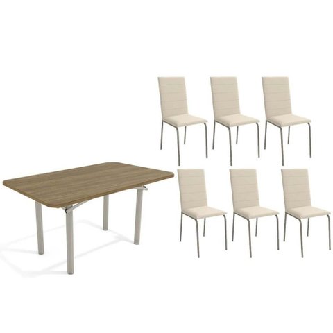 Conjunto: Mesa Sala Jantar Elba C/ Tampo de Madeira 160cm e 6 Cadeiras Amsterdã Niquel/nogueira -