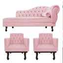 Ver imagem 1 de Kit Diva Recamier Juliana 185cm Lado Esquerdo e 02 Poltronas Classic Suede Rosa Bebê - Amarena Móvei
