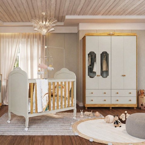Quarto de Bebê com Berço Minicama e Guarda-Roupa 4 Portas Janeladas 100% MDF Maya Provençal Yescasa 