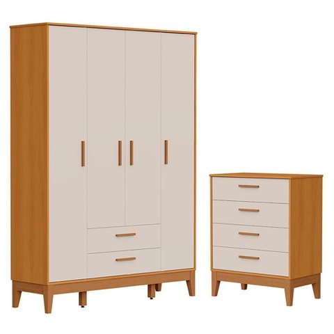 Jogo de Quarto Infantil Flip Guarda Roupa 4 Portas e Cômoda 4 Gavetas Areia Fosco/savana - Reller M