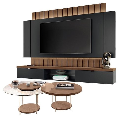 Home Suspenso Illusion 2.2 Preto Castanho e Kit Mesa de Centro Sky Castanho- Hb Móveis
