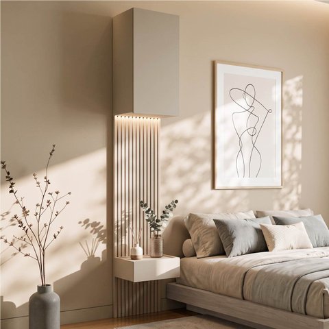 Ponte com Mesa de Cabeceira Planejada com Painel Ripado Samambaia CabeCasa MadeiraOriginals Offwhite