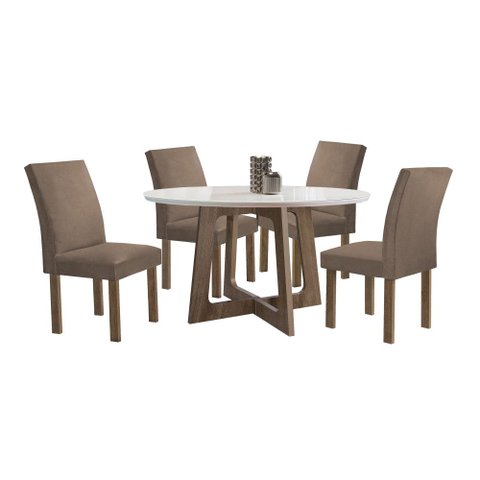 Conjunto Mesa Arizona 120cm com 4 Cadeiras Canela Tampo Redondo Plus com Vidro