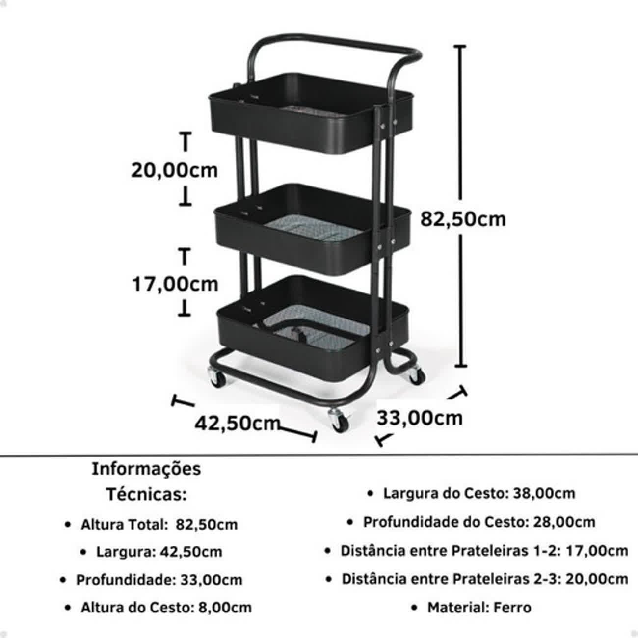 Carrinho Organizador Multiuso 3 Prateleiras Fruteira Rodinha Cor Preto - 7