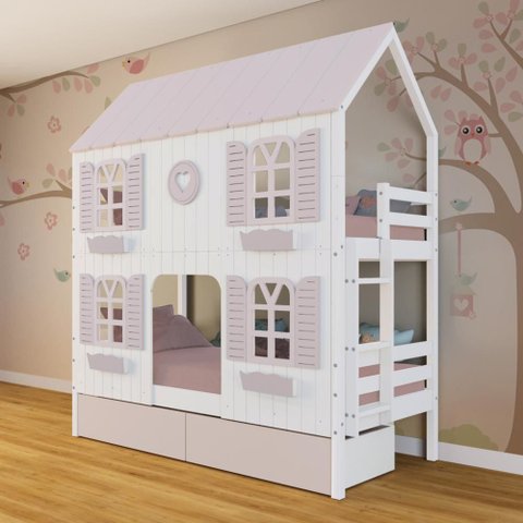 Beliche Casinha Bela com Coração 2 Gavetas Rosa 4 Janelas Venezianas - Madeira Maciça Branco/rosa