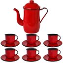 Ver imagem 1 de Kit Bule De Café E Chá Com 6 Xícaras e Pires Aço Esmaltado Vermelho