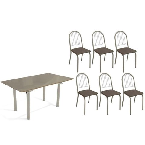 Conjunto: Mesa Sala Jantar Elba Tampo Madeirado C/ Vidro 160cm e 6 Cadeiras Noruega Niquel/freijo