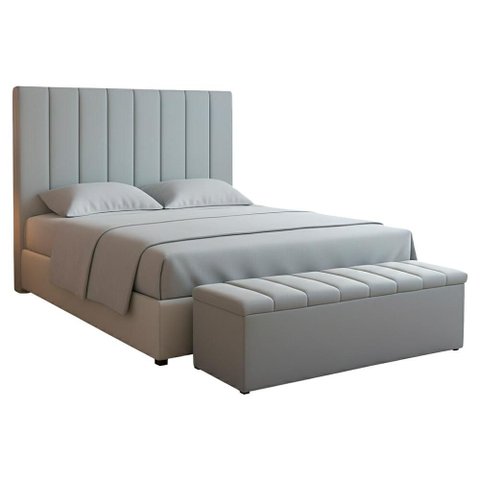 Cabeceira e Recamier Bau Casal 140 Cm Dalia Suede Cinza Artte