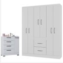 Ver imagem 1 de Cômoda 868 4 Gavetas e 1 Porta com Guarda Roupa Casal Milão 6 Portas Branco Brilho - Poquema