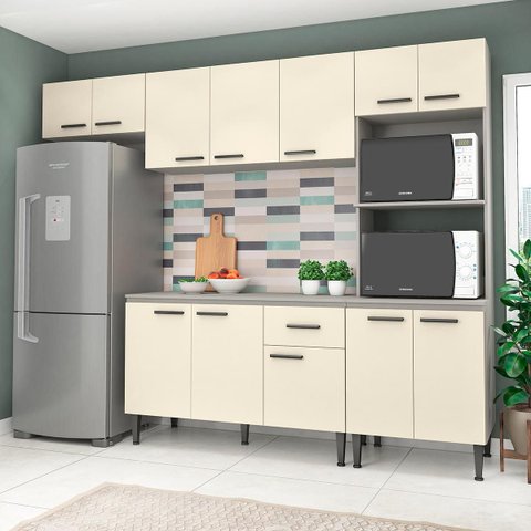 Cozinha Modulada com Balcão Tampo Max 262 Cm Armário Nicho Forno Mdp Cinza Champanhe - Clicklar