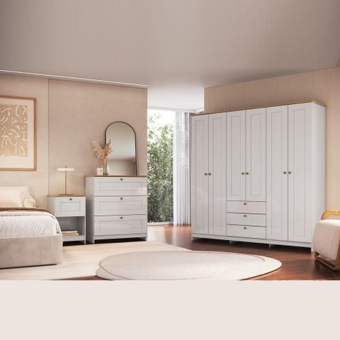 Conjunto Quarto Casal Completo 3 Peças 6 Portas 7 Gavetas Americano Cor Branco - Decibal Móveis