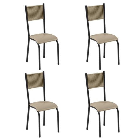 Kit 4 Cadeiras de Jantar Estofadas Corino Mariana Bege Rami/Pérola/Preto