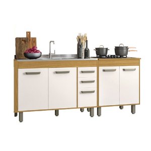 Kit de Cozinha 190cm 5 Portas 2 Gavetas com Balcão para Pia e Cooktop - Freijó/off Acetinado Poliman