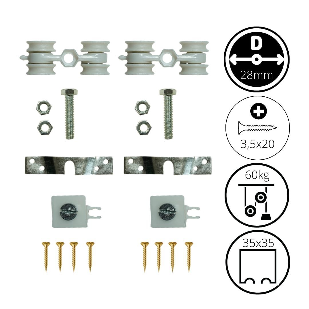 Kit 2 Roldanas e 1 Guia para Trilho Alumínio 35x35 - Branco - Alfer - 3