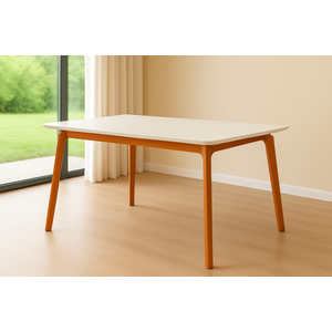 Mesa Jantar Jade Retangular 160x90cm Tampo Chanfrado Off White Base Madeira Maciça Mel