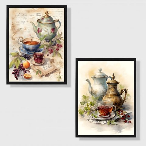 Kit 2 Quadros Aquarela Chá Retrô 33x24cm - com Vidro:moldura Preta