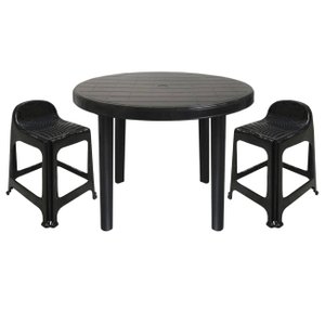Mesa Redonda Desmontável de Plástico 94cm Preta + 2 Banquetas com Encosto