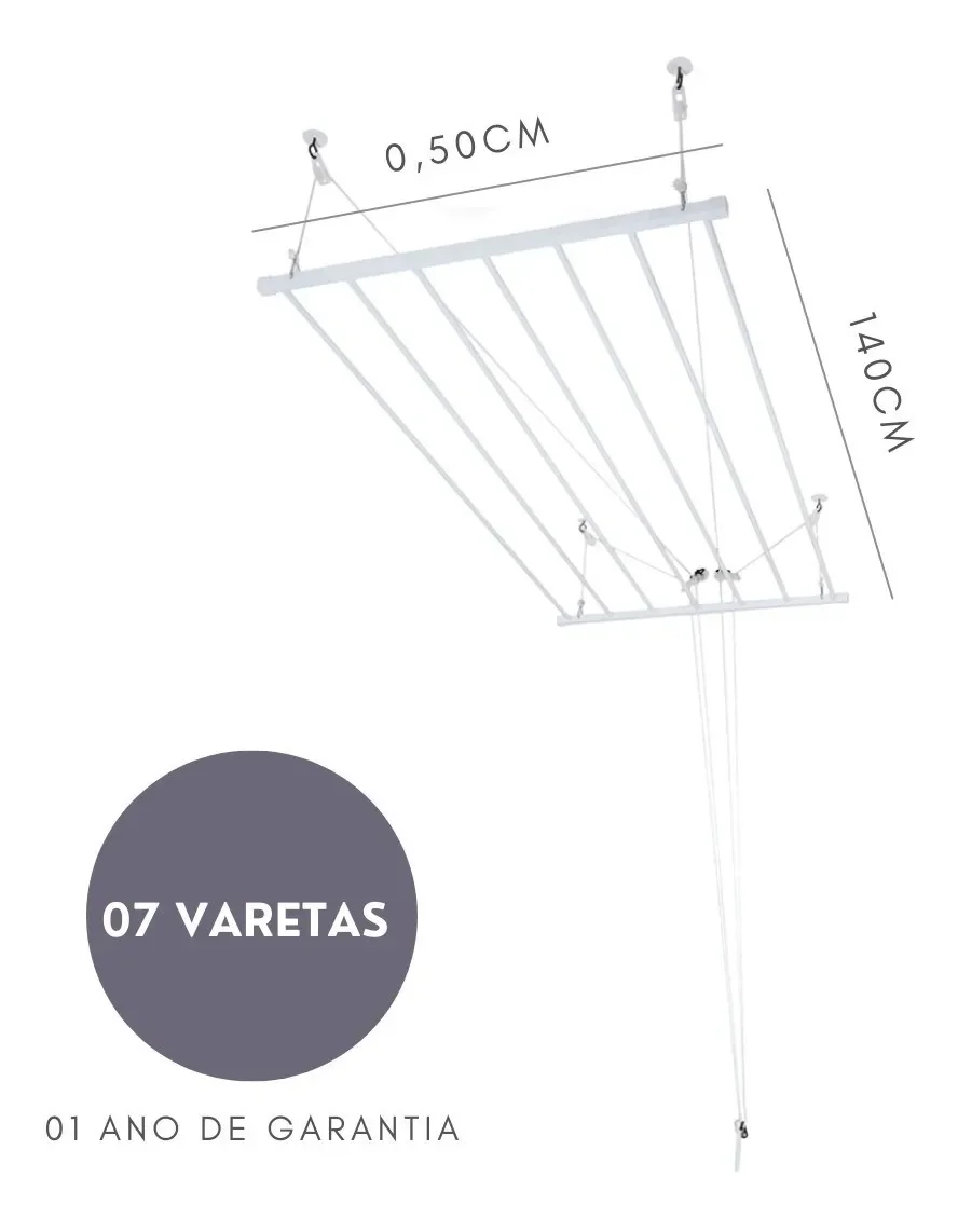 Varal De Teto Tradicional 140cm x 07 Varetas - Em Alumínio Branco - 2