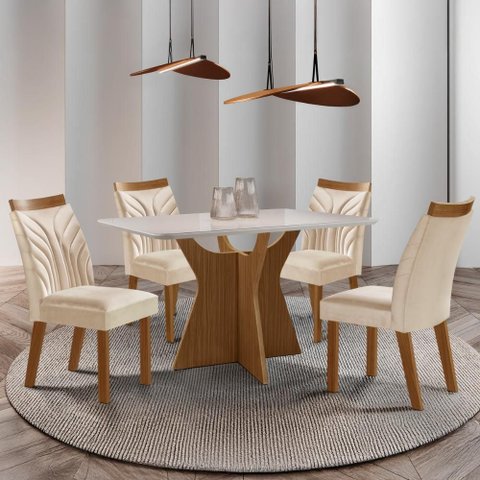 Conjunto Mesa de Jantar com Vidro e 4 Cadeiras 120cm Multimóveis Crljm-CON027 Madeirado/Off White