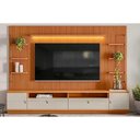 Ver imagem 1 de Rack Bancada C/ Painel P/ Tv até 75 Pol Ouro Preto Ripado 2gav. 2ptas. 4prat. e Leds 224x198cm