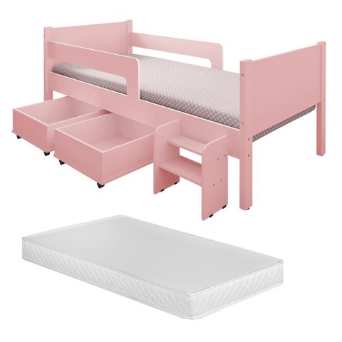 Cama Infantil + Colchão com 2 Baus Organizador Escada Luna Plus Rosa