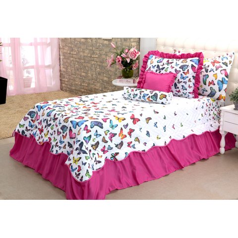 Kit 3 Pçs Cobre Leito Colcha Solteiro Belize com Babados:Borboletas Pink