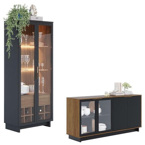 Cristaleira Guanabara com Aparador para Sala Buffet Vitória Noce Milano Preto Acetinado – Colibri