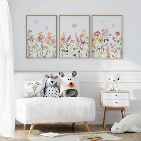 Kit 3 Quadros Decorativos Infantil Encanto Florido Quarto Bebê 30x40 Moldura Madeira