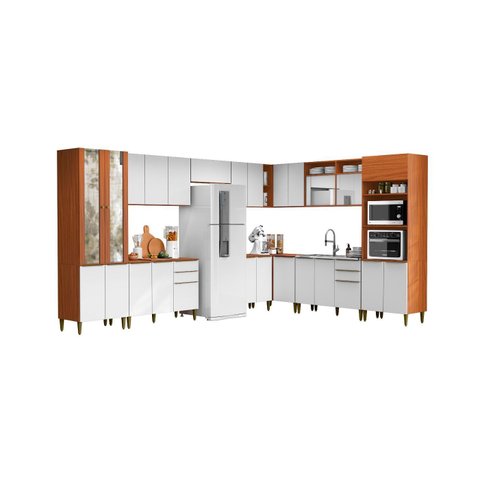 Jogo de Cozinha Modulada Luana  em L de 388cmx285cm - Cimamomo/Branco Aramóveis