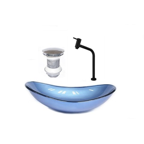 CUBA DE VIDRO OVAL 47CM AZUL + VALVULA + TORNEIRA PRETA