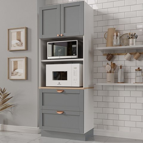 Torre Quente Planejada 2 Nichos para Forno e Microondas Arizona CabeCasa MadeiraOriginals Branco/Cinza