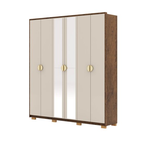 Guarda-Roupa Casal 100% MDF com Espelho 6 Portas 4 Gavetas Noronha Off White/Imbuia/Fendi