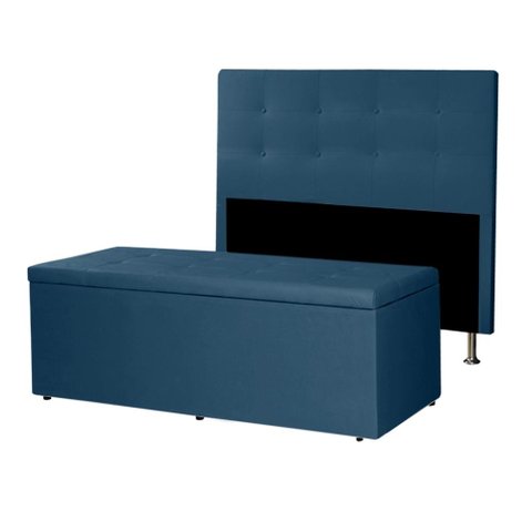 Kit Cabeceira e Calçadeira Baú King 1,95m Berlim Suede Azul Marinho Sky Mobile