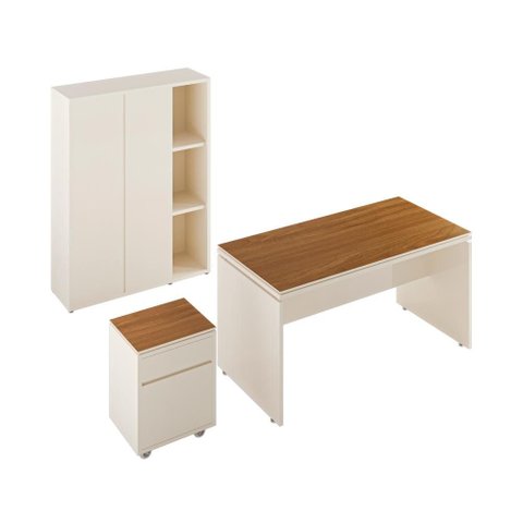 Conjunto de Escritório Office 3 Peças Mesa Gaveteiro Armário Hera - Via Nossa - Off White e