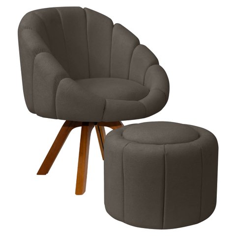 Kit Poltrona Decorativa Orgânica Flora Base Giratória com Puff Bouclê - Sofa Store:bouclê Marrom